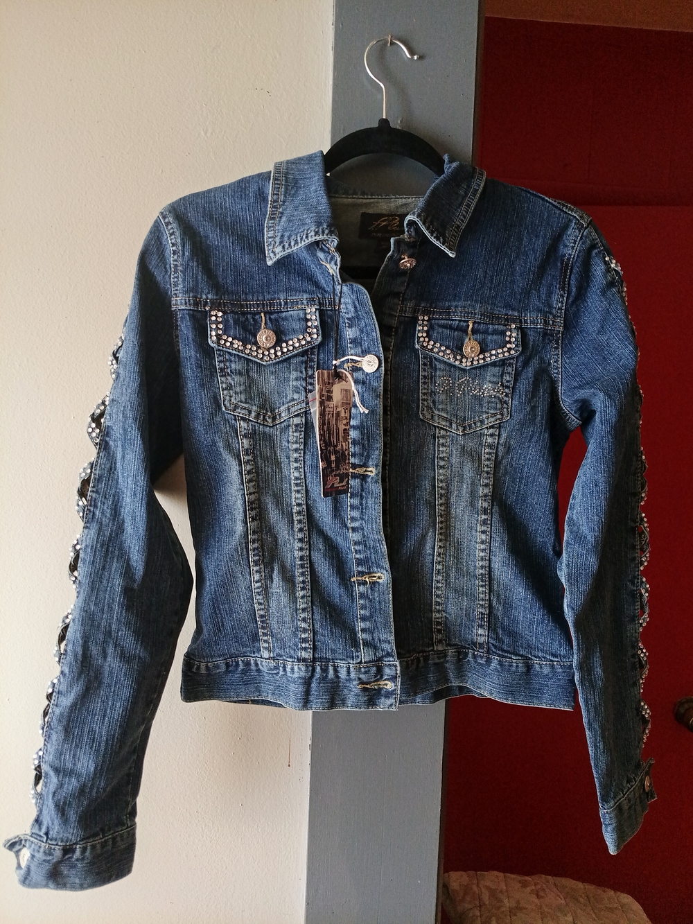 Platinum Plush Pleated  Denim Jacket Open arm Jeweled Jean Jacket  - Medium Blue